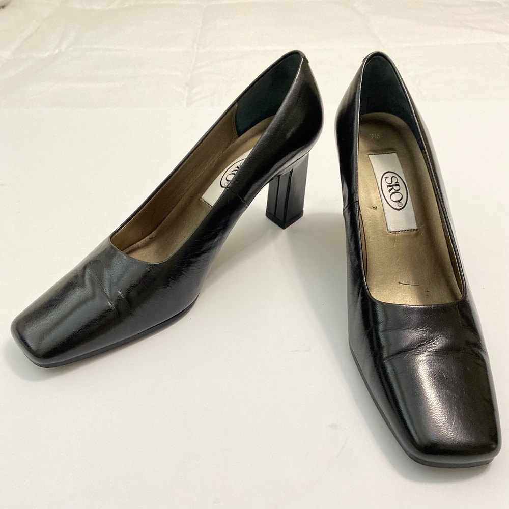 SRO Block Heel Pumps Womens 7 Black 90s Vintage Square Toe Corporate Shoes - Picture 3 of 7